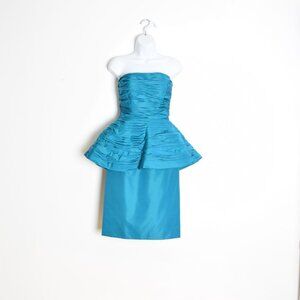 vintage 80s dress VICTOR COSTA teal peplum sculptural strapless cocktail XS